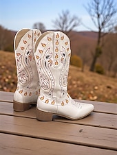 levne Cowboy &amp; Western Boots-Dámské bílé kovbojské boty v západním stylu s unikátním barevným vyšívaným designem a úzkými podpatky, obuv v bohémském západním stylu