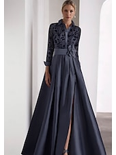 billige Gulvlengde-Brodert A-Linje Kveldsdrakt Elegant Kjole Formell Bryllupsgjest Gulvlengde Lang Erme Skjortekrage SATIN med Glitrende Slitt