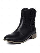 abordables Cowboy y botas occidentales-Botines de piel sintética color vino tinto para mujer: botas cortas de tacón bajo estilo western informal para el trabajo, viajes y atuendos cotidianos.