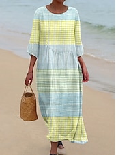 levne Pruhované a geometrické šaty-Dámské maxi šaty kaftan s 3/4 rukávy kulatým výstřihem volnočasové šaty A-linie boho denní sváteční rande grafické geometrické žluté modré duhové jaro podzim