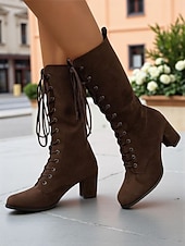 abordables Bottes à la mode-bottes à lacets en daim marron pour femmes - bottes mi-mollet vintage modernes avec talons épais pour la mode de tous les jours, les promenades d&#039;automne et les costumes à thème
