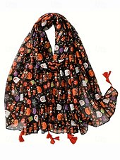 ieftine Accesorii de Halloween-Eșarfă pentru femei cu imprimeu de dovleac sau fantomă de Halloween – șal ușor cu ciucuri și imprimeu de dovleac pentru petreceri costumate, modă de toamnă și ținute festive