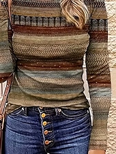 billige Stripe og geometrisk t-skjorte-Dame T skjorte Grafisk Geometrisk Stripet Årgang Mote Stilfull Langermet Crew-hals Vanlige topper Daglig Helg Trykt mønster Lysebrun Vår Høst Vinter