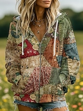 economico Top Floreali-Felpe con Cappuccio 3D Donna Stampate con Grafica Floreale Moda Casual Boho Maniche Lunghe Cappuccio Top Regolari Abbigliamento Stradale Quotidiano Patchwork Tasca con Cerniera Rosa Rosso Blu
