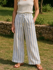 billige Grafisk linbukse i bomull-Dame Linbukser i bomull Frekk Ferie Årgang Etnisk stil Full lengde Medium Midje Stripet Snorer Lomme Elastisk midje comfy Pusteevne Myk Uelastisk Feriereise Hjem Gate Blå og hvite striper Sommer Vår