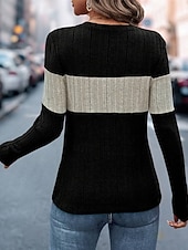 Недорогие Простые блузки-Жен. Вязаная ткань Пуловер Повседневные Стиль На каждый день Контрастных цветов Рельефный узор Вырез под горло Трикотаж Длинный рукав Обычные топы Вязать Повседневные Праздники На выход