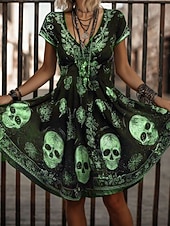 tanie Strój na Halloween-Halloween Damskie Sukienka mini Codzienne sukienki Sukienka t-shirtowa Sukienka letnia Sukienka A line Urlop Codzienny Boho Plaża Regularny Graficzny Czaszka Krótki rękaw W serek Biały Rumiany r