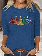 billige Kunst &amp; Design t-skjorte-Jul Dame T skjorte Grafisk Geometrisk Stripet Elegant Årgang Mote Langermet Crew-hals Rund hals Vanlige topper Daglig Ut på byen Helg Trykt mønster Svart Rosa Lysebrun Blå Vår Høst Vinter