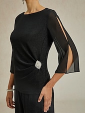 cheap Dressy Tops-Women&#039;s Dressy Tops Solid Color Elegant Vintage Daily 3/4 Length Sleeve Crew Neck Regular Tops Wedding Guest Evening Party Date Night Outfits Glitter Black Spring, Fall, Winter, Summer