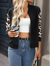 preiswerte Bomberjacke-Damen Freizeitjacke Warm Schnelltrocknend Reißverschluss Tasche Elegant Mode Täglich Einfach Leopard Urlaub Lässig Täglich Ferien Regulär Baseball-Kragen Normale Passform Langarm Oberbekleidung
