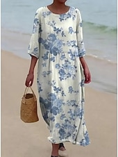 olcso Virágos ruha-Női Maxi Ruha Kaftan 3/4 Hosszú Ujjú Környakú Lazac Átmeneti Ruha Boho Mindennapi Ünnepi Randi Virágos Grafika Sárga Rózsaszín Kék Zöld Tavasz Ősz