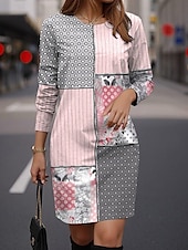 abordables Robe Rayée et Géométrique-Femmes Mini Robe Robe Décontractée Robe Imprimée Mode Moderne Quotidien Date Week-end Coupe régulière Géométrique Bloc de Couleur manche longue Col en V Rose Claire Rouge Gris Printemps Automne