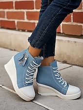 tanie Trampki damskie-damskie buty sportowe na koturnie z denimu, sznurowane z przodu i zapinane na suwak z boku, codzienne buty na wysokiej platformie do noszenia na co dzień