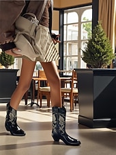 olcso Cowboy és nyugati csizma-női cowboy csizma hímzett western varrással, hegyes orrú és alacsony sarokkal - stílusos városi casual lábbeli női utcai viseletre és mindennapi viseletre