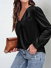 preiswerte Elegante Oberteile-Damen Hemd Bluse Einfach Modern Lässig Langarm V Ausschnitt Normale Oberteile Täglich Ferien Ausgehen Gerafft Schwarz Weiß Gelb Rosa Wein Herbst