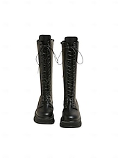 baratos Botas de combate-Botas femininas de couro sintético, cano alto, com cadarço, zíper lateral e sola plataforma grossa, calçado casual urbano