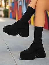 baratos Botas com salto-Botas plataforma grossas femininas – botas de cano curto pretas de malha elástica com bico redondo para streetwear, looks casuais e moda outono