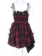 levne Šaty-Punk a gotika Mini Asymetrické Šaty Bez rukávů Gotická dívka Popruh na špagety Korzet Pléd Rozevláté Maškarní kostým Unisex předvečer Všech svatých Karneval Párty Ležérní Noc a speciální příležitost