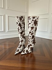 baratos Botas da moda-Botas femininas de cano alto com estampa de vaca e zíper lateral para facilitar o uso, salto agulha com bico fino, calçados modernos de inspiração ocidental para trajes casuais urbanos