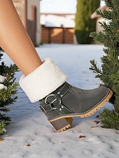 baratos Botas de neve e inverno-Botas femininas de camurça sintética com punho e fivela de pele de carneiro – botas casuais de inverno com salto grosso para atividades ao ar livre, viagens e looks aconchegantes