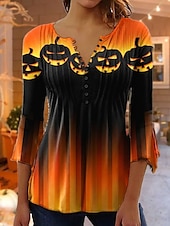 baratos Tops de Halloween-Blusa Feminina de Halloween com Gráfico Gradiente Elegante Vintage Estilosa de Manga 3/4 Decote em V Tops Regulares Impressão Diária Saída com Babados Botões Azul Laranja Primavera Outono
