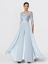 olcso Anya kombinéi-Overál Anyósruha Formális Esküvői Vendég Elegáns Parti Kerek nyakú Csonk Hosszú Chiffon Csipke 3/4 Hosszú Ujjú Rátétekkel