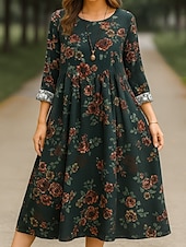 abordables robes imprimées en coton et lin-Femmes Robe maxi Robe trapèze Occasionnel Quotidien Coupe régulière Fleuri manche longue Col ras du cou Bleu marine Rouge Vert foncé Marron Été Automne