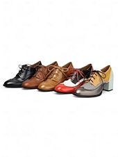 abordables Zapatos Oxford de mujer-Zapatos brogue oxford de tacón grueso con bloques de color para mujer: zapatos de vestir vintage con cordones de los años 50 con detalle de espiga de tweed para la oficina, el Oktoberfest y la moda de