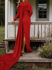 economico ROSSO-abito da sera a sirena/tromba, elegante, formale, da sposa, con strascico, manica lunga, girocollo, in crêpe elasticizzato con pieghe, 2025