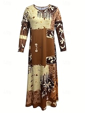 billiga Boho-klänning-Dam Maxiklänning Sheath Dress A linjeklänning Ledigt Boho Bröllopsgäst Dagligen Utekväll Normal Blommig Grafisk Långärmad Rund hals Brun Vår Höst Vinter