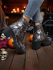abordables Pour les femmes-Bottines de combat à talons épais pour femmes, motif tête de mort d&#039;Halloween et toile d&#039;araignée – bottines gothiques à lacets pour cosplay, porte-bonheur et mode automnale effrayante