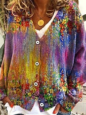 preiswerte 3D Strickjacke-Damen Mantel Freizeitjacke Warm Bequem Druck Mode Modern Lässig Blumen Ausgehen Wochenende Einreihig Regulär V Ausschnitt Normale Passform Langarm Oberbekleidung Weiß Blau Purpur Herbst Winter