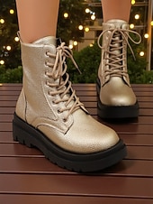 baratos Festa da Vida Noturna-Botas de combate femininas de couro sintético dourado com cadarço e sola preta robusta - calçado moderno para festa noturna