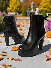 levne Platformové boty-Dámské černé kotníkové boty na platformě z umělé kůže – vysoký podpatek, boční zip, šněrování na zádech, elegantní, na párty, večerní zábavu a podzimní módu