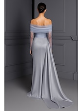 economico Abiti da ballo-abito da sera elegante blu nero con scollo a V, in raso elasticizzato, con spacco arricciato e perline, lunghezza al pavimento, manica lunga, abito formale da sposa 2025