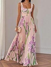 abordables Robes fleuries élégantes-Femmes Robe Longue Maxi Robe Robe de Bal Robe de Soirée Robe Imprimée Mode Moderne Soirée Anniversaire Date Coupe régulière Fleur Sans manches Col carré Blanche Jaune Rose Claire Bleu Été