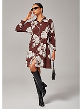 economico Abiti floreali-vestito-camicia da donna in rayon filato con maniche raglan, elastico in vita regolabile e stampa floreale marrone