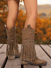 Χαμηλού Κόστους Καουμπόη και δυτικές μπότες-Γυναικείες καφέ μπότες μέχρι το γόνατο με κρόσσια από τεχνητό δέρμα, λεπτομέρειες με τρουκς και χαμηλά τακούνια, μποέμ παπούτσια σε στιλ καουμπόι γουέστερν
