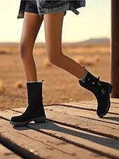 abordables Bottines-Bottes mi-mollet en daim pour femmes avec sangles à boucle, chaussures à talons bas confortables de style rétro décontracté pour le streetwear urbain et les tenues de tous les jours