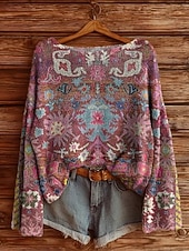 cheap Graphic Patterns &amp; Details-Women&#039;s Sweater Casual Soft Floral Vintage Ethnic Long Sleeve Crew Neck Regular Tops Daily Holiday Print Wine Red Purple Fuchsia Spring Fall Winter