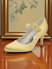 voordelige Cocktail-Champagnekleurige satijnen Mary Jane-hakken voor dames met kristallen gesp, elegante pumps met puntige neus voor cocktailparty&#039;s
