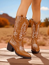 levne Cowboy &amp; Western Boots-Dámské semišové kovbojské boty s vyšívaným designem, westernové, s blokovým podpatkem do poloviny lýtek, retro styl, módní boty pro městské běžné nošení