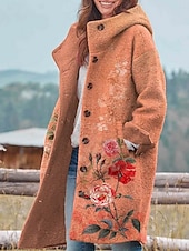 billige 3D frakker-Dame Vinterjakke Fleece-jakke Frakk Hold Varm Pustende Lomme Knapper Trykt mønster Aktiv Daglig Fritid Blomstret Feriereise Gate Daglig Enkeltkneppet Lang Hettegenser Normal Langermet Yttertøy Gul