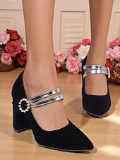 ieftine Block Heels-Tocuri Mary Jane de damă din catifea albastră cu cataramă din perlă - pantofi eleganți cu vârful ascuțit și barete argintii pentru ținute de lucru de toamnă/iarnă, stil urban șic și petreceri de