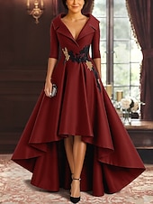 preiswerte Bodenlänge-rot-schwarzes A-Linien-Kleid für die Brautmutter, eleganter hochgeschlitzter Hemdkragen, asymmetrischer Satin, 3/4-Ärmel mit Applikationen 2025