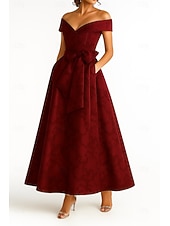 ieftine Lungimea gleznei-Rochie de seară elegantă, albastru vișiniu, în linie A, rochie formală de mireasă, lungime la podea, mânecă scurtă, cu umăr decoltat, nailon, cu fundă(e) și bretele, 2025