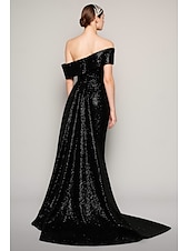 cheap Ball Gown Evening Dresses-Sequined Black Blue A-Line Evening Gown Elegant Dress Carnival Formal Floor Length Short Sleeve One Shoulder Detachable with Glitter 2025