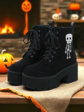 abordables Pour les femmes-Bottines gothiques à plateforme en daim noir pour femmes - Bottines à lacets et talons épais avec broderie squelette pour Halloween et cosplay d&#039;automne &amp;tenue de fête