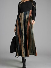 preiswerte Streifen- und geometrisches Kleid-Damen Midikleid A Linie Kleid Lässig Täglich Normale Passform Grafik Geometrisch Farbblock Langarm V Ausschnitt Dunkelbraun Gelb Blau Braun Frühling Herbst Winter