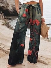 preiswerte weites Bein und hohe Taille-Damen Weites Bein Hosen Hose Urlaub Lässig Lang Hohe Taille Blumen Elastischer Bund Drucken Hoher Schnitt Atmungsaktivität Weich Mikroelastisch Urlaub Straße Alltagskleidung Gelb Blau Dunkelgrün Grün